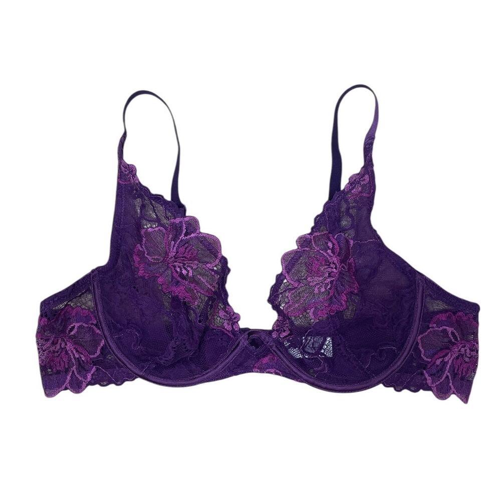 Wacoal Lace Plunge Bra Floral Sheer Feminine Romantic 95730 Purple Size 34B